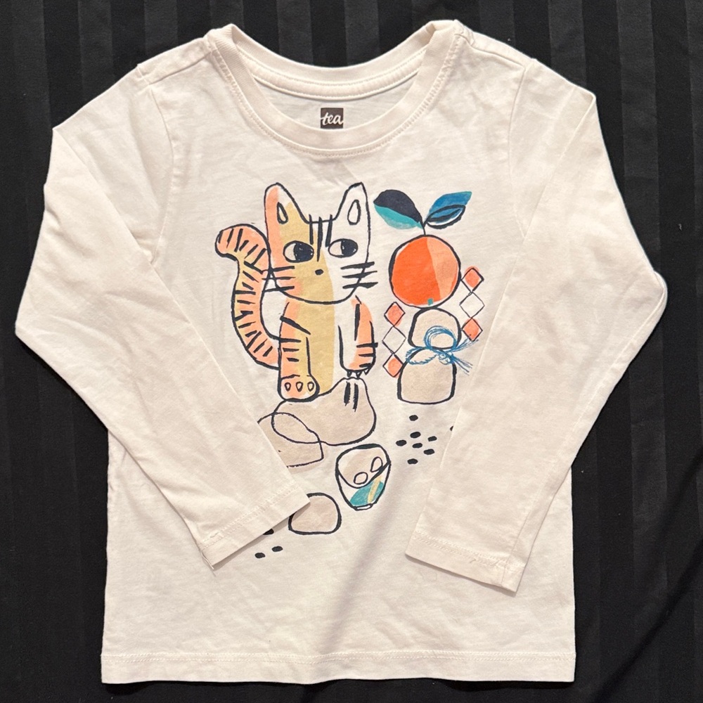 Tea Collection Kids Long Sleeve Shirt with Cat and Orange Graphic - Cream